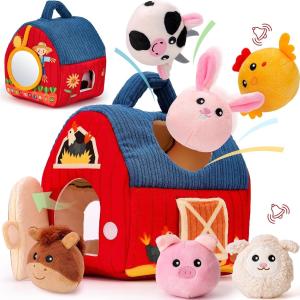 hahaland Baby Toys 6-12 Months - Surprise Barn Stuffed Farm Animals, Rattle, Crinkle, Mirror, Montessori Toys for 6 Month Old Sensory Balls 1-3 Plush Toy Girl Boy Gifts Baby Easter Basket Stuffers