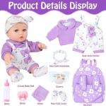 12" Baby Doll with Flower Pattern Backpack Carrier,12 Inch Realistic Baby Dolls with Clothes and Accessories Hanky Pacifier Bottle Diaper Toy Pretend Play Collection for 3+ Child Girls Gifts